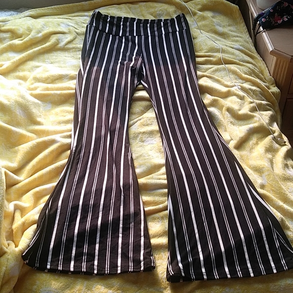 No Boundaries Pants - Womans black and white striped flare leggings